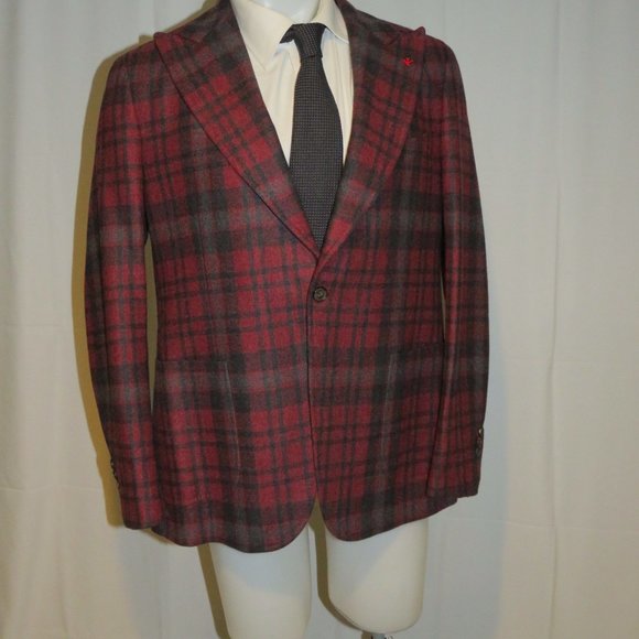 Isaia Dandy Double Face Ferdinando Cashmere Blend Burgundy Plaid Blazer 46R NWT - Picture 7 of 14